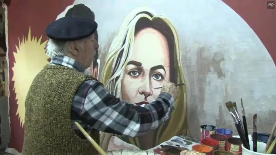 Βασίλης Δημητρίου ζωγραφίζει αφίσα στον κινηματογράφο Αθήναιον Μπίρελ πίνακας με τον Βασίλη Δημητρίου να ζωγραφίζει αφίσα στο σινεμά Αθήναιον