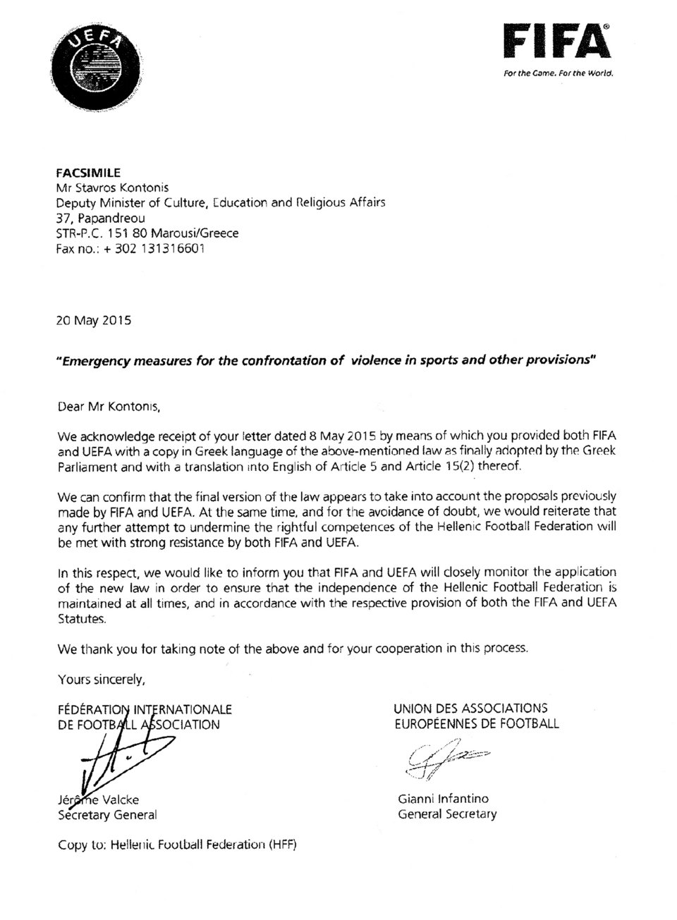 Υπό στενή παρακολούθηση το ελληνικό ποδόσφαιρο από UEFA και FIFA [επιστολή] | iefimerida.gr 0