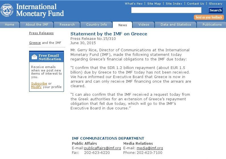 Η ανακοίνωση του ΔΝΤ: Η δόση δεν πληρώθηκε, η Ελλάδα είναι εκπρόθεσμη, δεν μπορεί να πάρει χρήματα | iefimerida.gr 0