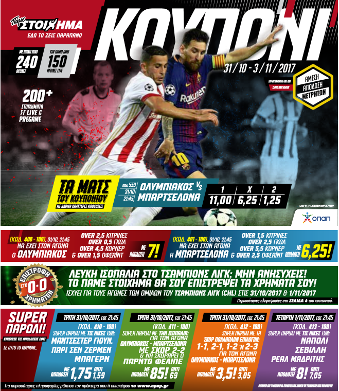 Στα ματς του κουπονιού του «Πάμε Στοίχημα» ο αγώνας Ολυμπιακός-Μπαρτσελόνα με πολλά ειδικά στοιχήματα | iefimerida.gr 0