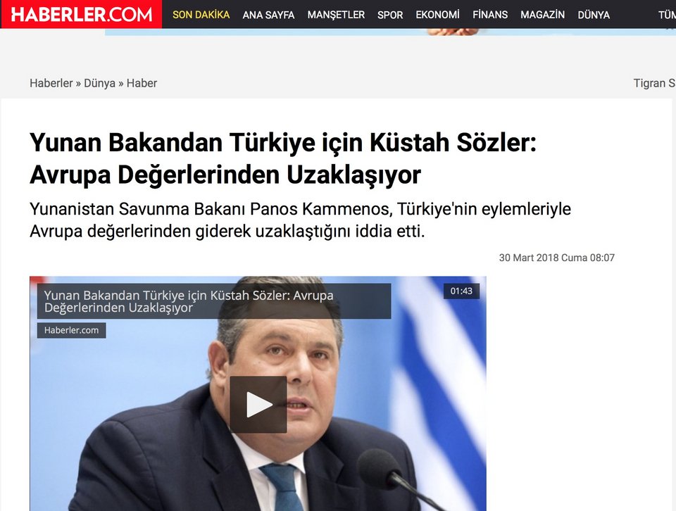 Τουρκικά ΜΜΕ για τις δηλώσεις Καμμένου: Αλαζονικές, στοχοποιεί ξανά την Τουρκία | iefimerida.gr 0