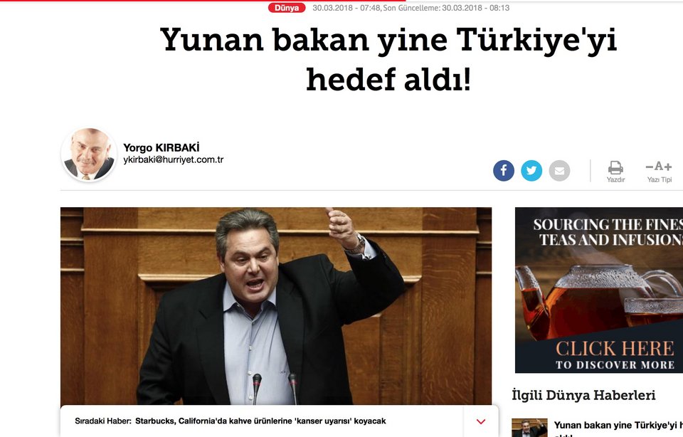 Τουρκικά ΜΜΕ για τις δηλώσεις Καμμένου: Αλαζονικές, στοχοποιεί ξανά την Τουρκία | iefimerida.gr 1