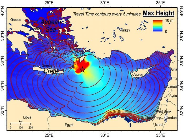 Τσουνάμι 1303: Μοντέλο των χρόνων άφιξης του κύματος ανά πεντάλεπτο και ύψη του κύματος σε μέτρα (από Μ. Χαραλαμπάκη και Γ. Παπαδόπουλο, ΕΚΠΤ).
