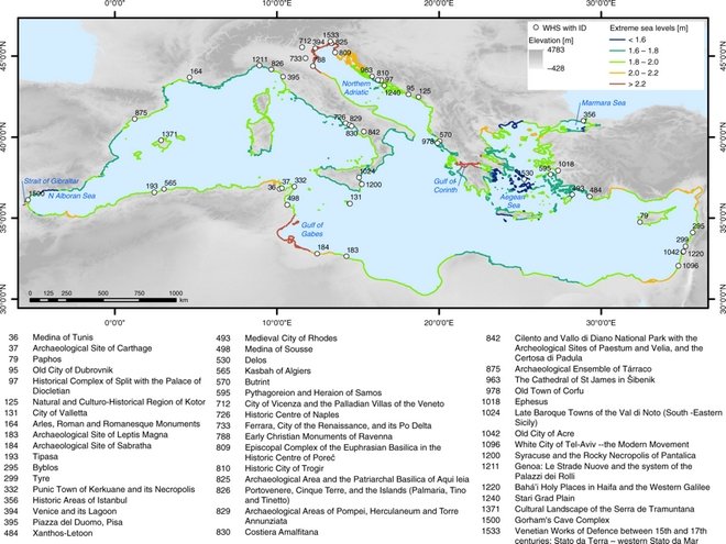 Ο χάρτης με τα μνημεία της UNESCO που κινδυνεύουν από την άνοδο της στάθμης της θάλασσας/ φωτογραφία: nature.com