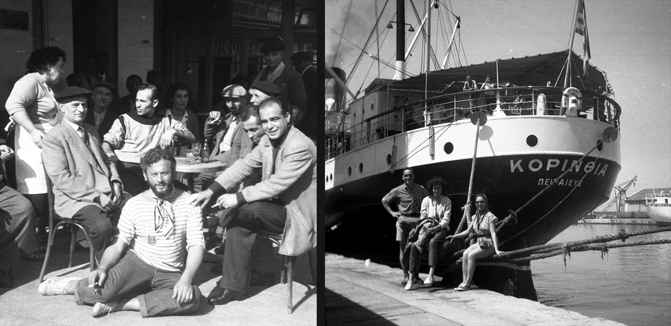 Το ελληνικό πλοίο ΚΟΡΙΝΘΙΑ, στο Λιμάνι της Μασσαλίας και πλήρωμα του πλοίου σε καφενείο του Λιμανιού. Αριστερά διακρίνεται καθισμένος ο ποιητής Νίκος Καββαδίας. Επί του εδάφους, ο Σίμος Τσαπνίδης. Φωτογραφία 1987 ΑΡΧΕΙΟ Τσαπνίδη ©Μ.Νταλούκας