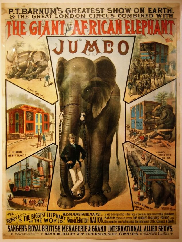 O Jumbo με τον φροντιστή του, Μάθιου Σκοτ, σε αφίσα του τσίρκου Barnum το 1882 (Φωτογραφία: Wikipedia)
