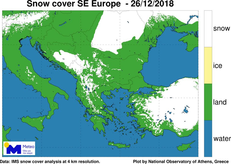 χάρτης χιονοκάλυψης σε Ελλάδα και ΝΑ Ευρώπη -Πηγή ΕΑΑ-meteo