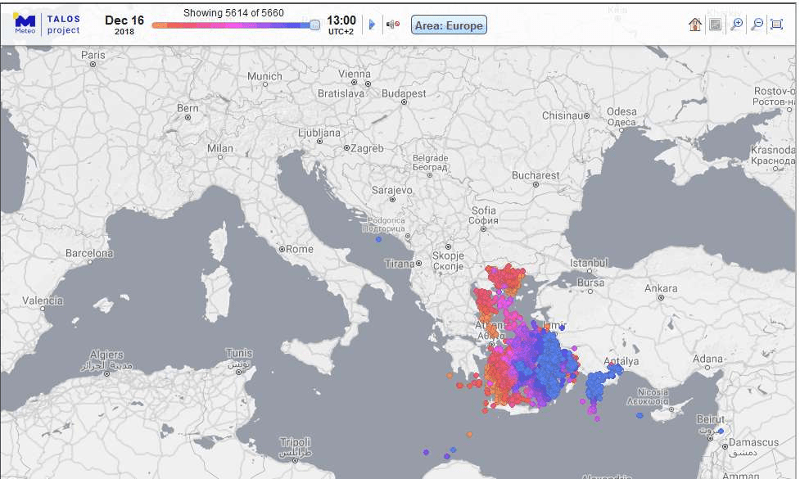 Ο χάρτης καταγραφών από το σύστημα ΖΕΥΣ του Εθνικού Αστεροσκοπείου/meteo.gr