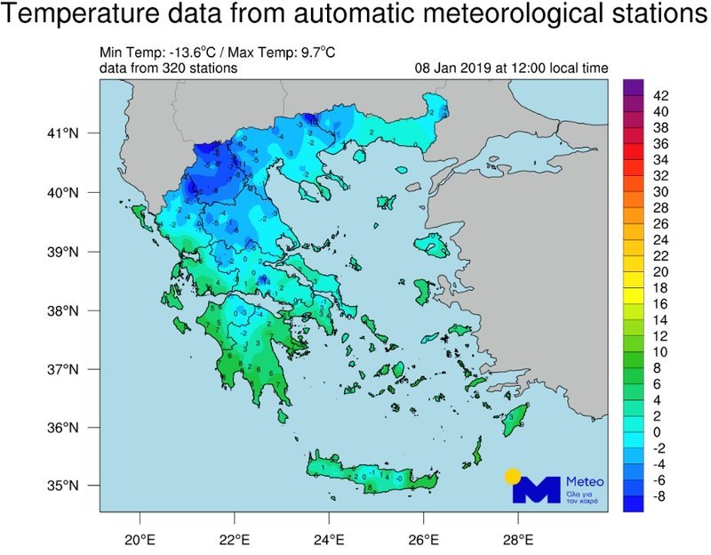 Ο χάρτης θερμοκρασιών της ΕΜΥ (8 Ιανουαρίου, ώρα 12:00) / Πηγή: EMY