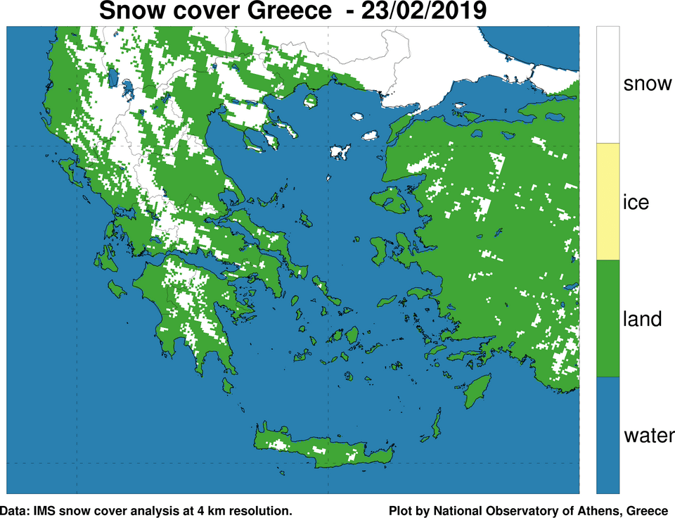 Χάρτης. Δορυφορική εκτίμηση χιονοκάλυψης στην Ελλάδα το Σάββατο 23 Φεβρουαρίου 2019