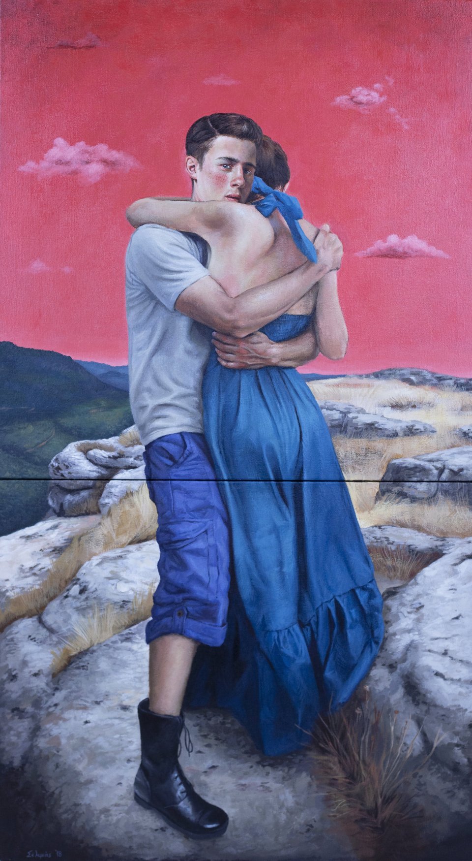 The hug, ακρυλικά σε καμβά, 2018, 90x50cm