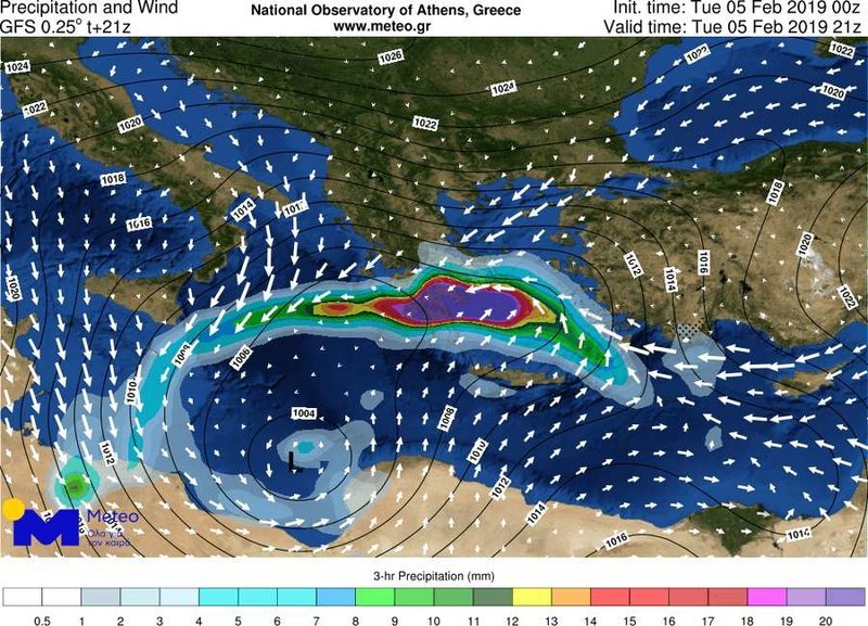 θέση του βαρομετρικού χαμηλού και τα φαινόμενα που θα λάβουν χώρα κατά τις απογευματινές προς βραδινές ώρες της Τρίτης 05/02/2019 / Πηγή: meteo.gr