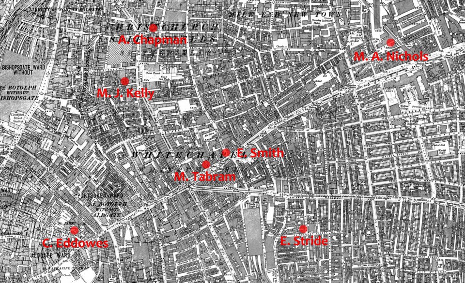 Χάρτης με τις τοποθεσίες όπου βρέθηκαν τα θύματα του Αντεροβγάλτη (Φωτογραφία: Wikipedia)