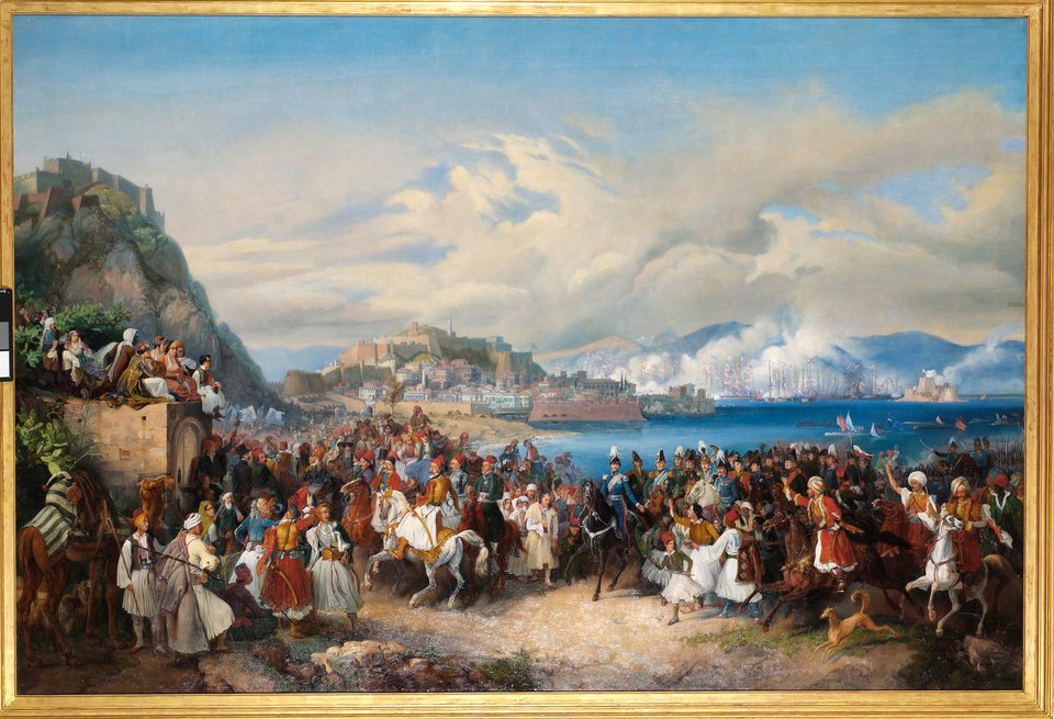 Νικόλαος Φερεκείδης (1862-1929) Η υποδοχή του Βασιλέα Όθωνα της Ελλάδος στο Ναύπλιο, 1901 (αντίγραφο έργου του Peter von Hess, 1835) Λάδι σε μουσαμά, 152 x 225 εκ.. © Συλλογή Εθνικής Τράπεζας της Ελλάδος