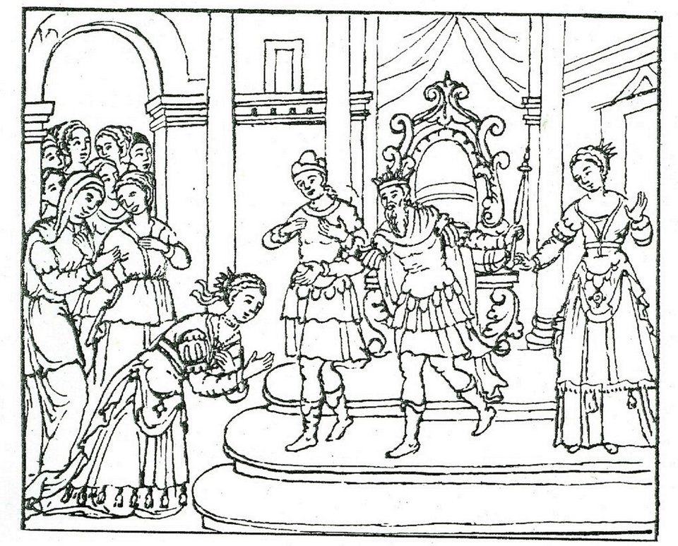 Η Αρετούσα γονατίζει εμπρός στους γονείς της. Μικρογραφία από το χειρόγραφο του Λονδίνου (Προέλευση: Βιτσέντζος Κορνάρος, Ερωτόκριτος, κριτική έκδοση, εισαγωγή, σημειώσεις, γλωσσάριο Στυλιανός Αλεξίου, εκδ. Ερμής, Αθήνα 2016