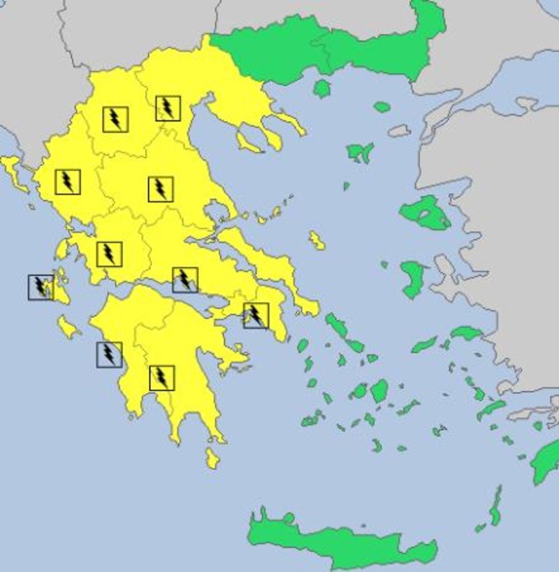 O χάρτης του meteoalarm για τις καταιγίδες της Πέμπτης / Πηγή: meteoalarm