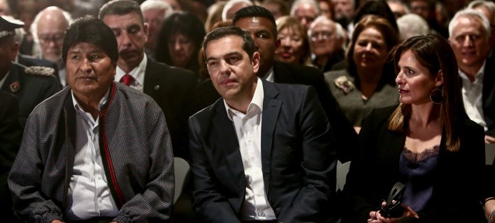 Από αριστερά: Εβο Μοράλες, Αλέξης Τσίπρας και Περιστέρα Μπαζιάνα