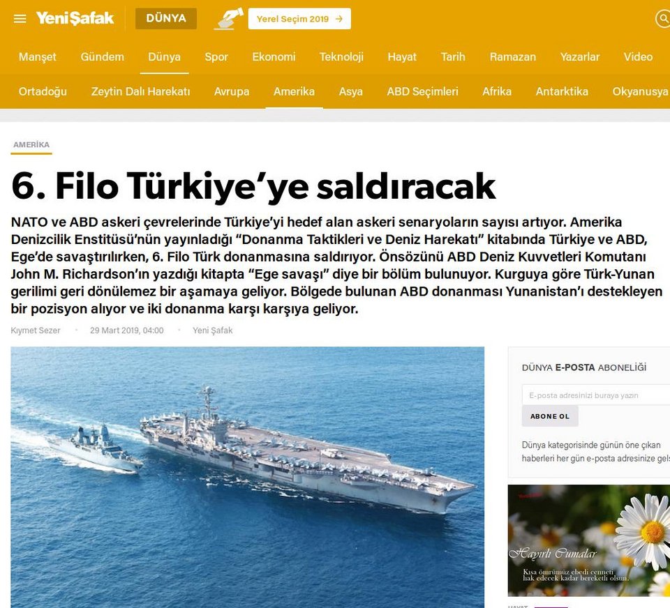 Το δημοσίευμα της Yeni Safak με τίτλο «Ο 6ος Στόλος θα επιτεθεί στην Τουρκία»