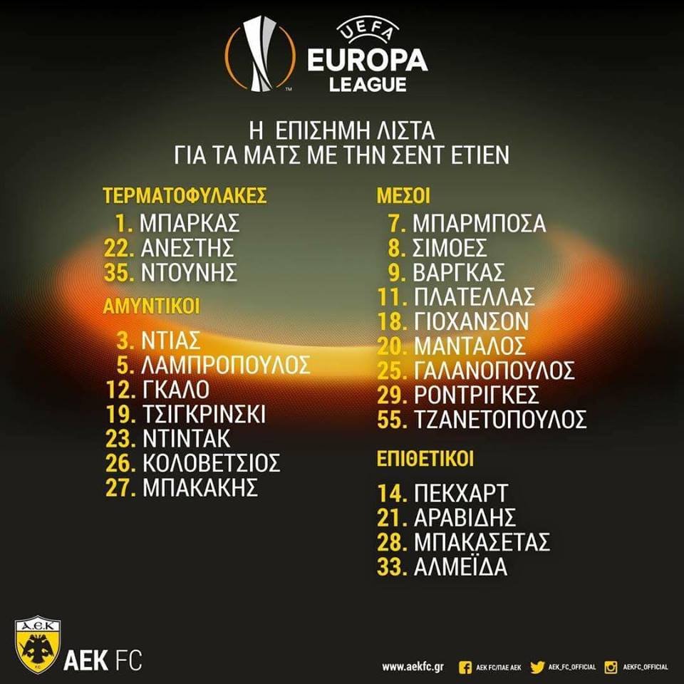 Η ευρωπαϊκή λίστα των παικτών της ΑΕΚ για τα ματς με Σεντ Ετιέν | iefimerida.gr 0