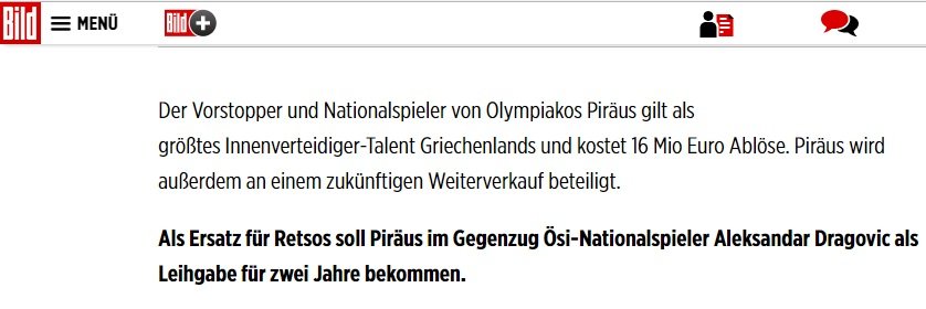 Bild: «Στο deal για Ρέτσο και ο διετής δανεισμός του Ντράγκοβιτς στον Ολυμπιακό» | iefimerida.gr 0