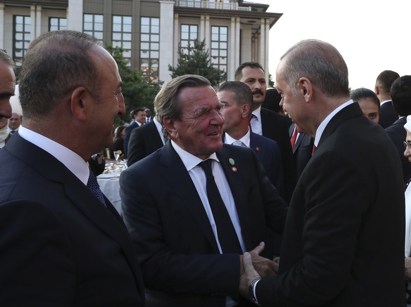 Ο πρώην Γερμανός Καγκελάριος, Γκέρχαρτ Σρέντερ συνομιλεί με τον Ερντογάν --Φωτογραφία: Presidency Press Service via AP, Pool