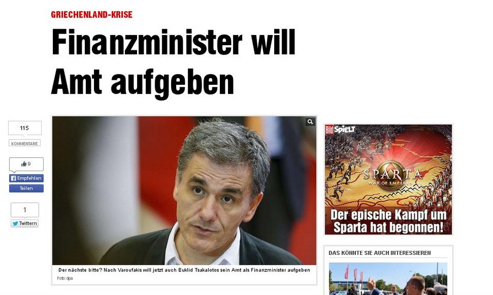 Bild: Κακό σημάδι η πιθανή αποχώρηση του Τσακαλώτου από το ΥΠΟΙΚ | iefimerida.gr 0