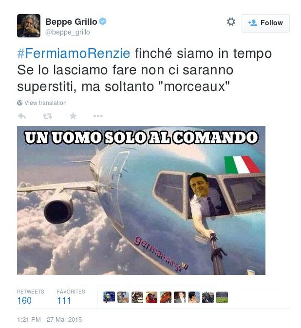 Πρόκληση Μπέπε Γκρίλο με σκίτσο: Συγκρίνει Ρέντσι με Lubitz και γράφει «Αν τον αφήσουμε θα υπάρχουν μόνο κομμάτια» [εικόνα] | iefimerida.gr 0