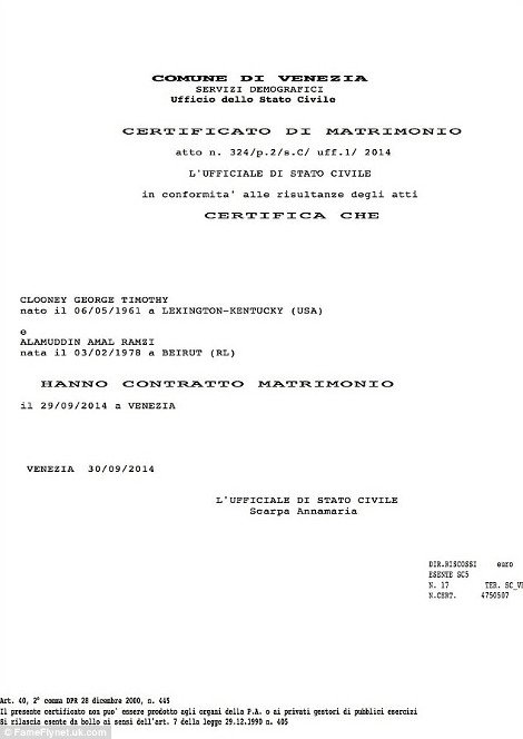 Κλούνεϊ - Αλαμουντίν: Το πιστοποιητικό του γάμου της χρόνιας στη δημοσιότητα -Νέα στιγμιότυπα από την τελετή [εικόνες] | iefimerida.gr 1