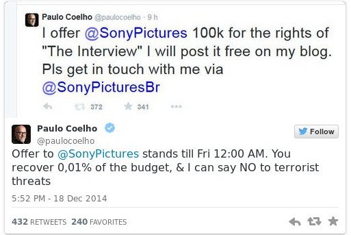 Ο Κοέλιο δίνει 100.000 -Για να προβάλλει στο blog του το «The Interview»[εικόνα] | iefimerida.gr 0