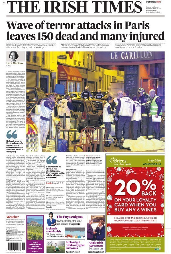 Τα πρωτοσέλιδα του τρόμου -Εφημερίδες από όλο τον κόσμο για το μακελειό στο Παρίσι [εικόνες] | iefimerida.gr 4