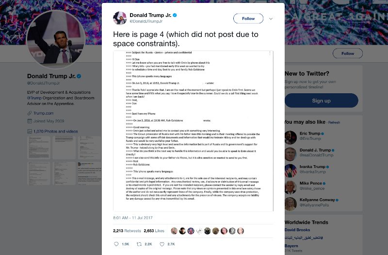 Θύελλα: Στη φόρα τα e-mails του υιού Τραμπ για τη συνάντησή του με τη Ρωσίδα δικηγόρο | iefimerida.gr 1