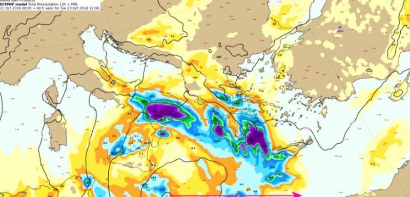 Προβλεπόμενα ύψη υετού από Τρίτη 23/10/2018 / 00:00 έως Τρίτη 23/10/2018