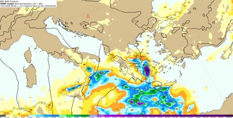 Προβλεπόμενα ύψη υετού από Τρίτη 23/10/2018 / 12:00 έως Τετάρτη
