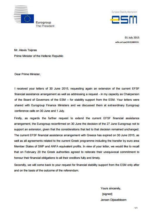 Επιστολή Ντάισελμπλουμ σε Τσίπρα: Συζήτηση για νέο πακέτο στήριξης μετά το δημοψήφισμα  | iefimerida.gr 0