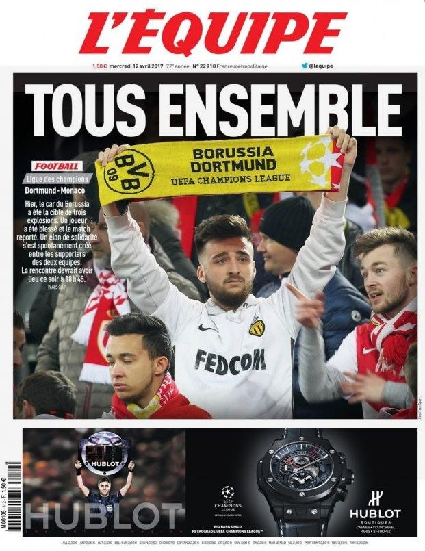 Το πρωτοσέλιδο της L' Equipe για την επίθεση στο πούλμαν της Ντόρτμουντ - «Ολοι μαζί» | iefimerida.gr 0