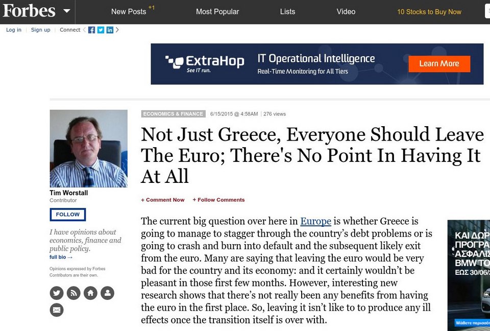 Forbes: H Ελλάδα και όλοι πρέπει να εγκαταλείψουν το ευρώ | iefimerida.gr 0