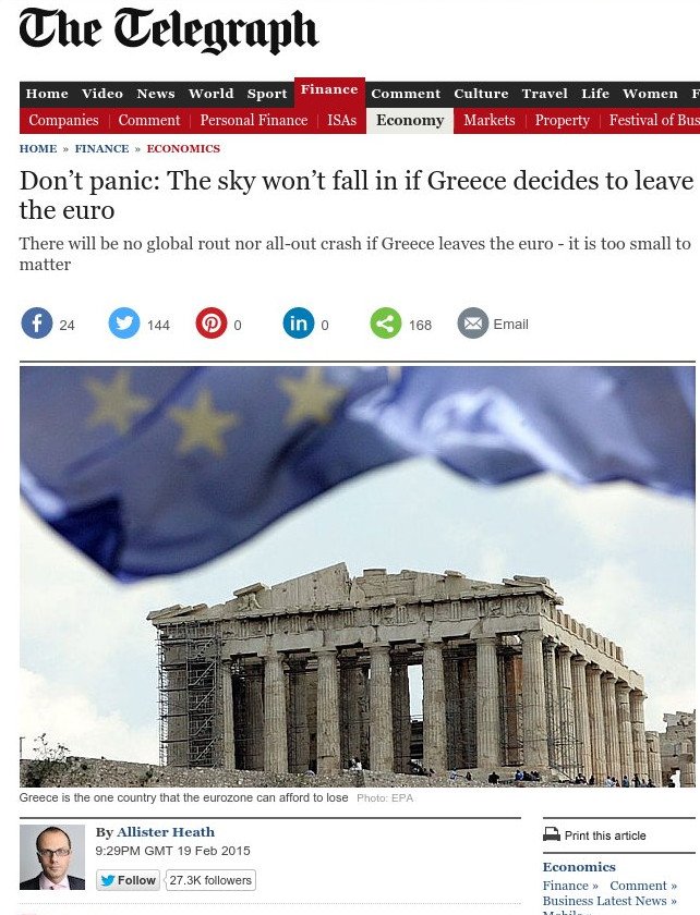 Telegraph: Μην πανικοβάλλεστε -Αν η Ελλάδα φύγει από το ευρώ, δεν θα πέσει ο ουρανός στα κεφάλια μας | iefimerida.gr 0