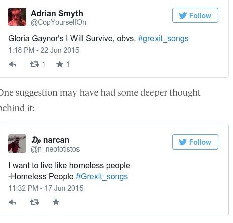 To Twitter ροκάρει με τα τραγούδια του Grexit -Ολες οι... μεγάλες επιτυχίες στα μέτρα των Ελλήνων | iefimerida.gr 1