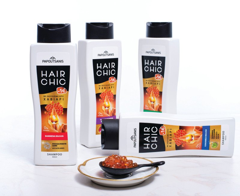 Hair Chic. Η Παπουτσάνης έχει μπει πλέον και στο χώρο του σαμπουάν, με το Ηair Chic ένα καινοτόμο προϊόν περιποίησης μαλλιών με βάση το χαβιάρη.