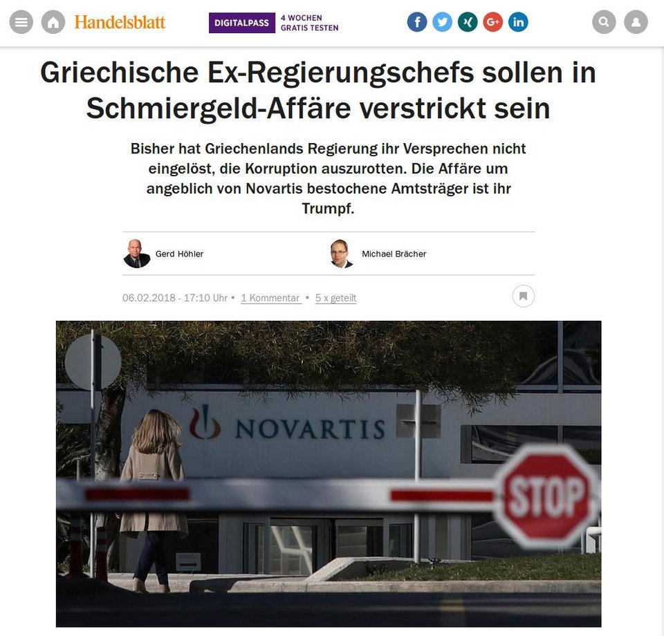 Handelsblatt για Novartis: Το μεγαλύτερο σκάνδαλο μιζών όλων των εποχών ή προσπάθεια να αμαυρωθεί η εικόνα πολιτικών αντιπάλων; | iefimerida.gr 0