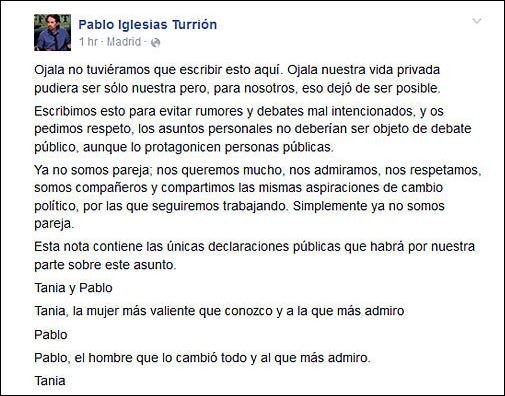 Χώρισε ο ηγέτης των Podemos, Πάμπλο Ιγκλέσιας: Το ανακοίνωσε από κοινού με την σύντροφό του στο Facebook [εικόνα] | iefimerida.gr 6