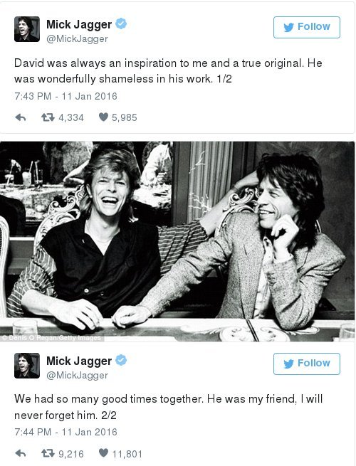 Ο Μικ Τζάγκερ αποχαιρετά τον Ντέιβιντ Μπόουι -Το «αντίο» σε έναν φίλο [εικόνα] | iefimerida.gr 0