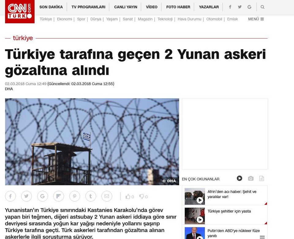 Τι γράφει ο τουρκικός Τύπος για τη σύλληψη των 2 Ελλήνων στρατιωτικών από Τούρκους στον Εβρο | iefimerida.gr 0