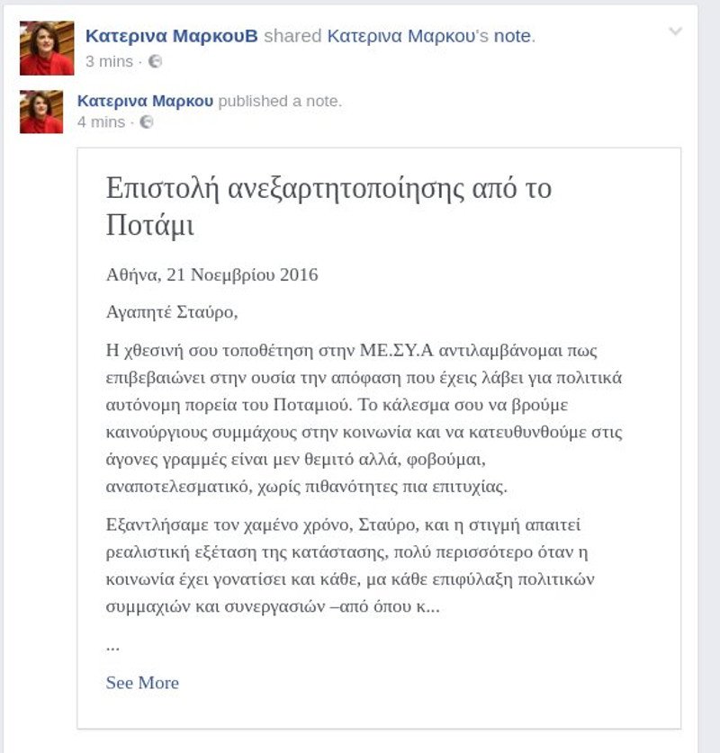 Αποχώρησε από το Ποτάμι η Κατερίνα Μάρκου -Σκληρή επιστολή στον Σταύρο Θεοδωράκη | iefimerida.gr 0