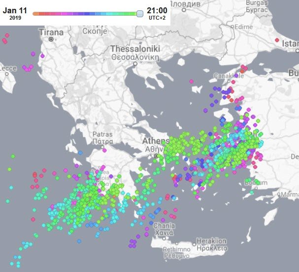Οι κεραυνοί που κατέγραψε το σύστημα καταγραφής κεραυνών «ΖΕΥΣ» έως τις 21:00 της Παρασκευής 11/01