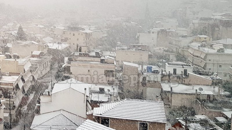 Από νωρίς το πρωί ξεκίνησε η χιονόπτωση μέσα στην πόλη της Λαμίας