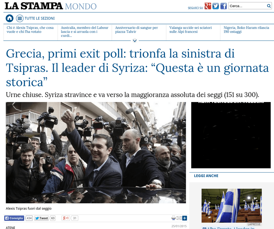 Η ιταλική «La Stampa» 1 λεπτό μετά τα exit polls: Θρίαμβος Τσίπρα | iefimerida.gr 0