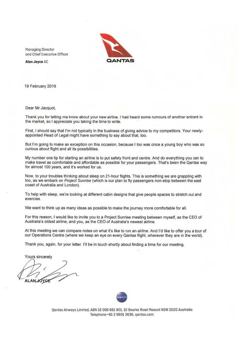 Ο CEO της Qantas έσπευσε να απαντήσει προς μεγάλη έκπληξη του νεαρού και ζητώντας του μάλιστα να συναντηθούν