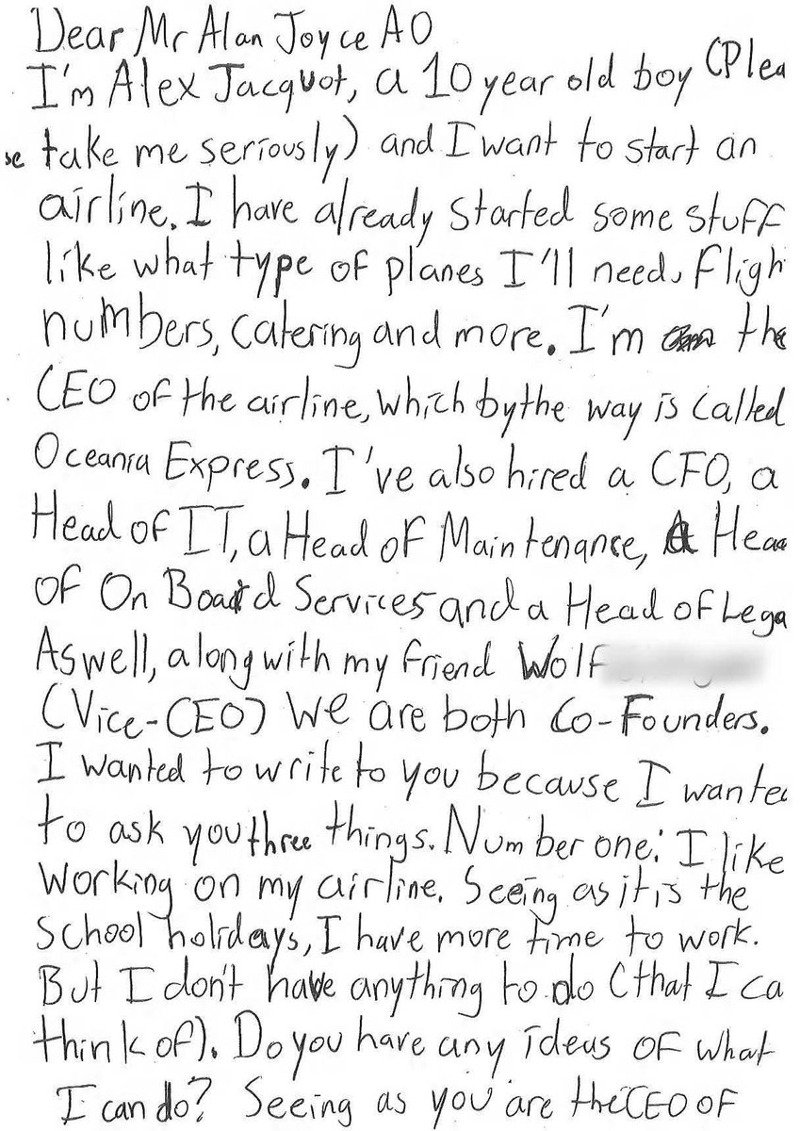 Η επιστολή του Άλεξ στον CEO της Qantas όπου του ζητά συμβουλές για την δική του αεροπορική εταιρεία που θέλει να ιδρύσει, την Oceania Express