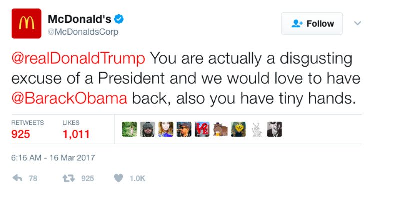 «Χάκαραν» το Τwitter των ΜcDonald's: «Τραμπ, είσαι ένα αηδιαστικό πρόσχημα προέδρου» [εικόνα] | iefimerida.gr 0